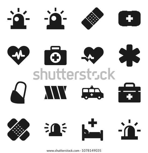 Flat vector icon set - first aid kit vector, doctor\
bag, ambulance star, heart pulse, patch, hospital bed,   car,\
bandage, siren