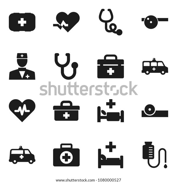 Flat vector icon set - first aid kit vector,\
doctor bag, heart pulse, stethoscope, eye hat, hospital bed,\
amkbulance car, drop\
counter