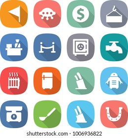 flat vector icon set - flag vector, ufo, dollar coin, loading crane, customs control, vip fence, safe, water tap, radiator, fridge, stands for knives, robot, kitchen scales, ladle, knife holder