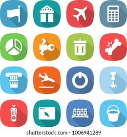 flat vector icon set - flag vector, gift, plane, calculator, diagram, satellite, bin, broken bone, column, arrival, on off button, laser, remote control, browser window, spices, bucket