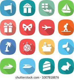 flat vector icon set - flag vector, gift, boat, bow, plane, tourist, palm, disco ball, reception, golf, jet ski, yacht, cake, rabbit