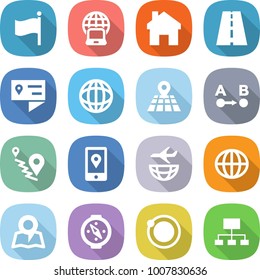 flat vector icon set - flag vector, notebook globe, home, road, location details, map, route a to b, mobile, plane shipping, compass, orbit, hierarchy