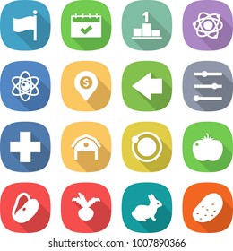 flat vector icon set - flag vector, calendar, pedestal, atom, dollar pin, left arrow, equalizer, cross, barn, orbit, tomato, beans, beet, rabbit, potato