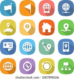 flat vector icon set - flag vector, notebook globe, connect, car pointer, dollar pin, home, geo, location details, route, mobile, compass, orbit, hierarchy