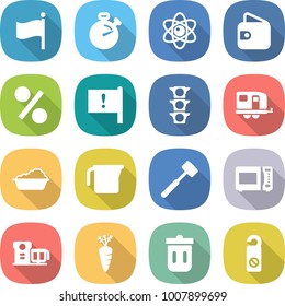 flat vector icon set - flag vector, stopwatch, atom, wallet, percent, important, traffic light, trailer, washing, measuring cup, meat hammer, microwave oven, food processor, carrot, trash bin