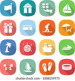 flat vector icon set - flag vector, gift, boat, bus, tourist, lounger, palm, disco ball, reception, jet ski, hammock, windsurfing, flip flops, inflatable pool