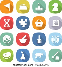 flat vector icon set - flag vector, shopping bag, pedestal, chess horse, dna, puzzle, remove from basket, list, donut, mortar, scoop, magnetic field, steake, pear, sheep, toilet brush