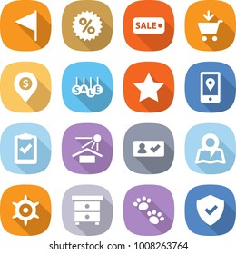 flat vector icon set - flag vector, percent, sale, add to cart, dollar pin, star, mobile location, clipboard check, sun potection, in, map, handwheel, nightstand, pets, shield