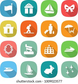flat vector icon set - flag vector, gift, boat, bow, hi quality package, tourist, passenger, lounger, hawaiian wreath, aquapark, hotel, jet ski, yacht, windsurfing, rabbit, shining