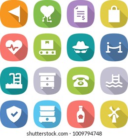 flat vector icon set - flag vector, cardio chip, account balance, shopping bag, heart pulse, transporter tape, confidential, vip fence, pool, nightstand, phone, shield, double boiler, ketchup