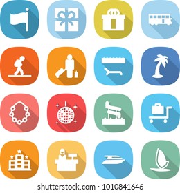 flat vector icon set - flag vector, gift, hi quality package, bus, tourist, passenger, lounger, palm, hawaiian wreath, disco ball, aquapark, baggage trolley, hotel, reception, yacht, windsurfing