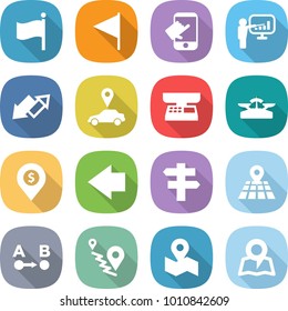 flat vector icon set - flag vector, touch, presentation, up down arrow, car pointer, market scales, dollar pin, left, singlepost, map, route a to b