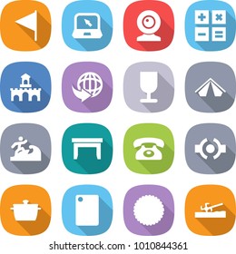 flat vector icon set - flag vector, notebook, web cam, calculator, fort, delivery, fragile, tent, surfer, table, phone, connect, pan, cutting board, cookies, soil cutter