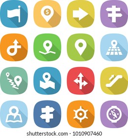 flat vector icon set - flag vector, dollar pin, right arrow, singlepost, trip, geo, map, route, escalator, signpost, handwheel, compass