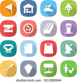 flat vector icon set - flag vector, warehouse, eco car, jet robot, market scales, microbe, brick, airport tower, antique column, cutting board, satellite antenna, whisk, berry, hand dryer