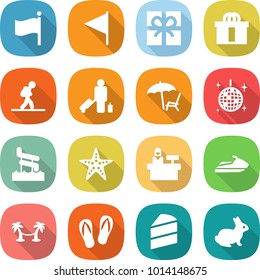 flat vector icon set - flag vector, gift, hi quality package, tourist, passenger, lounger, disco ball, aquapark, starfish, reception, jet ski, palm hammock, flip flops, cake, rabbit