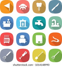 flat vector icon set - flag vector, ufo, tooth implant, scalpel, customs control, detector, water tap, radiator, toaster, kitchen scales, walnut crack, big fork, blender, shovel