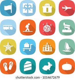 flat vector icon set - flag vector, gift, hi quality package, plane, bus, tourist, disco ball, aquapark, starfish, baggage trolley, hotel, windsurfing, flip flops, cake, rabbit, pumpkin