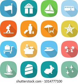 flat vector icon set - flag vector, gift, boat, bus, tourist, passenger, lounger, starfish, baggage trolley, reception, yacht, palm hammock, windsurfing, cake, rabbit, shining