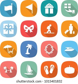 flat vector icon set - flag vector, gift, bow, tourist, passenger, lounger, palm, hawaiian wreath, yacht, hammock, windsurfing, flip flops, pumpkin