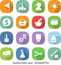 flat vector icon set - flag vector, pedestal, chess horse, chip, dollar coin, remove from basket, mortar, stadium, scoop, dna edit, usb flash, hand mill, steake, pear, pruner, toilet brush
