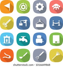 flat vector icon set - flag vector, around gear, ufo, surgical clamp, loading, crane, vip fence, detector, water tap, toaster, kitchen scales, walnut cracker, ladle, big fork, rake