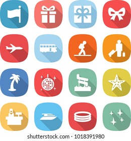 flat vector icon set - flag vector, gift, bow, plane, bus, tourist, passenger, palm, disco ball, aquapark, starfish, reception, yacht, inflatable pool, shining