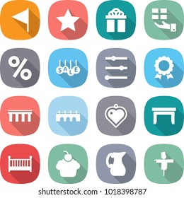 flat vector icon set - flag vector, star, gift, percent, sale, equalizer, medal, bridge, heart pendant, table, crib, cupcake, jug, scarecrow