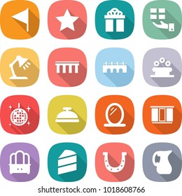 flat vector icon set - flag vector, star, gift, table lamp, bridge, flower bed, disco ball, service bell, mirror, wardrobe, dresser, cake, horseshoe, jug