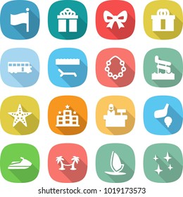 flat vector icon set - flag vector, gift, bow, hi quality package, bus, lounger, hawaiian wreath, aquapark, starfish, hotel, reception, golf, jet ski, palm hammock, windsurfing, shining