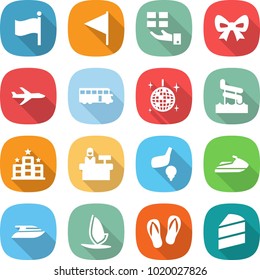 flat vector icon set - flag vector, gift, bow, plane, bus, disco ball, aquapark, hotel, reception, golf, jet ski, yacht, windsurfing, flip flops, cake