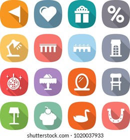 flat vector icon set - flag vector, heart, gift, percent, table lamp, bridge, building, disco ball, restaurant, mirror, chair, floor, cupcake, goose, horseshoe