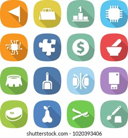 flat vector icon set - flag vector, shopping bag, pedestal, chip, puzzle, dollar coin, mortar, stadium, scoop, magnetic field, usb flash, steake, pear, pruner, toilet brush