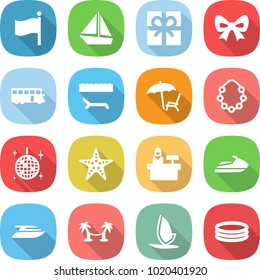 flat vector icon set - flag vector, boat, gift, bow, bus, lounger, hawaiian wreath, disco ball, starfish, reception, jet ski, yacht, palm hammock, windsurfing, inflatable pool