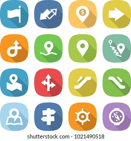 flat vector icon set - flag vector, up down arrow, dollar pin, right, trip, geo, route, map, escalator, signpost, handwheel, compass