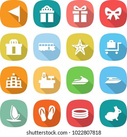 flat vector icon set - flag vector, gift, bow, hi quality package, bus, starfish, baggage trolley, hotel, reception, jet ski, yacht, windsurfing, flip flops, inflatable pool, rabbit