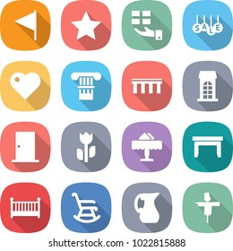 flat vector icon set - flag vector, star, gift, sale, heart, column, bridge, building, door, perishable, restaurant, table, crib, rocking chair, jug, scarecrow