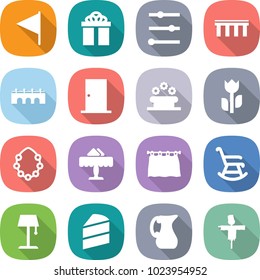 flat vector icon set - flag vector, gift, equalizer, bridge, door, flower bed, perishable, hawaiian wreath, restaurant, curtain, rocking chair, floor lamp, cake, jug, scarecrow