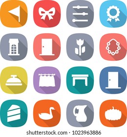 flat vector icon set - flag vector, bow, equalizer, medal, building, door, perishable, hawaiian wreath, service bell, curtain, table, cake, goose, jug, pumpkin