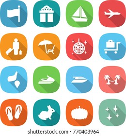 flat vector icon set - flag vector, gift, boat, plane, passenger, lounger, disco ball, baggage trolley, golf, jet ski, yacht, palm hammock, flip flops, rabbit, pumpkin, shining