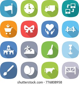 flat vector icon set - flag vector, clock, truck, notebook connect, add to cart, bow, health care, bridge, fort, surfer, broom, laser, big spoon, eggs, cow, farm fence