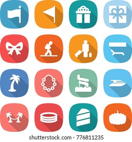 flat vector icon set - flag vector, gift, bow, tourist, passenger, lounger, palm, hawaiian wreath, aquapark, yacht, hammock, inflatable pool, cake, pumpkin