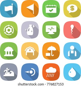 flat vector icon set - flag vector, calendar, money message, around gear, cleanser, monitor pulse, sperm, goverment house, barn, workman, surfer, photon, rain cloud, drop
