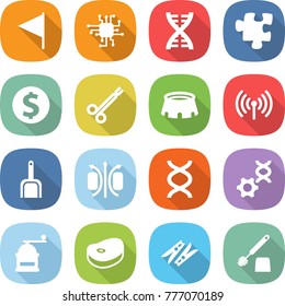 flat vector icon set - flag vector, chip, dna, puzzle, dollar coin, surgical clamp, stadium, wireless, scoop, magnetic field, edit, hand mill, steake, clothespin, toilet brush