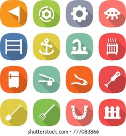 flat vector icon set - flag vector, around gear, ufo, rack, anchor, water tap, radiator, fridge, garlic clasp, walnut crack, blender, shovel, fork, horseshoe, grain elevator