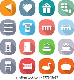 flat vector icon set - flag vector, heart, gift, equalizer, column, bridge, building, door, fountain, flower bed, chair, crib, goose, pumpkin