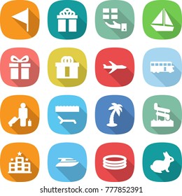 flat vector icon set - flag vector, gift, boat, hi quality package, plane, bus, passenger, lounger, palm, aquapark, hotel, yacht, inflatable pool, rabbit