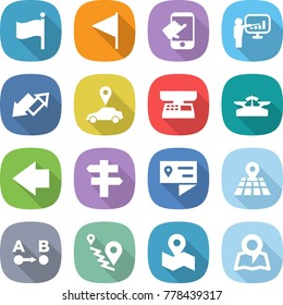 flat vector icon set - flag vector, touch, presentation, up down arrow, car pointer, market scales, left, singlepost, location details, map, route a to b