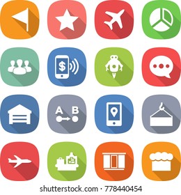 flat vector icon set - flag vector, star, plane, diagram, group, phone pay, jet robot, balloon, garage, route a to b, mobile location, loading crane, baggage checking, wardrobe, chief hat
