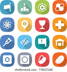 flat vector icon set - flag vector, pedestal, around gear, atom core, dollar pin, wineglass, medical cross, crutch, important, warehouse, ring button, beans, potato